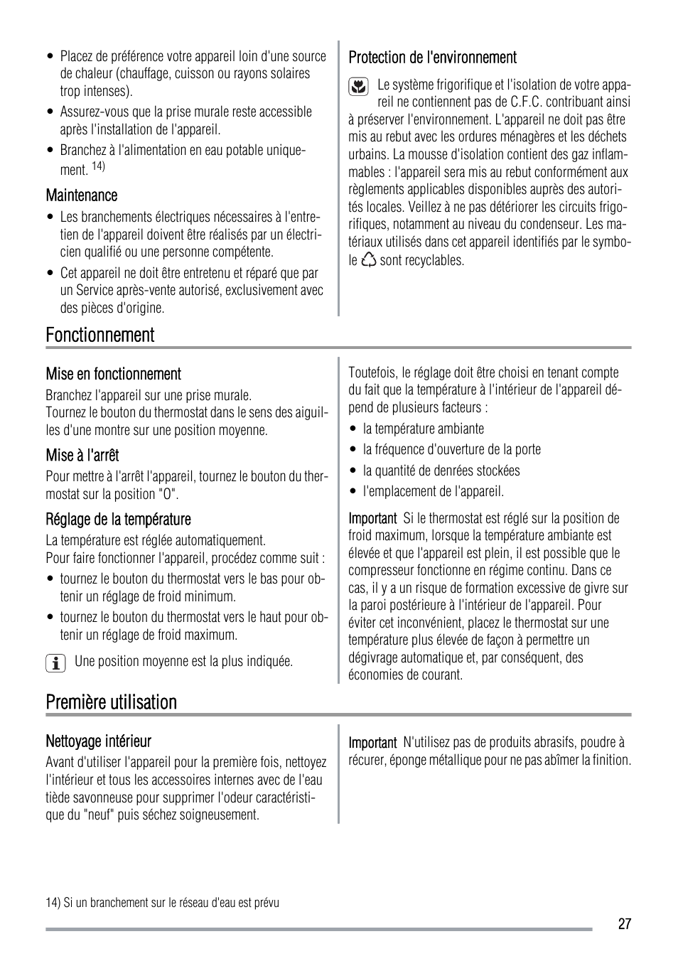 Fonctionnement, Première utilisation | Zanussi ZRT724X User Manual | Page 27 / 52