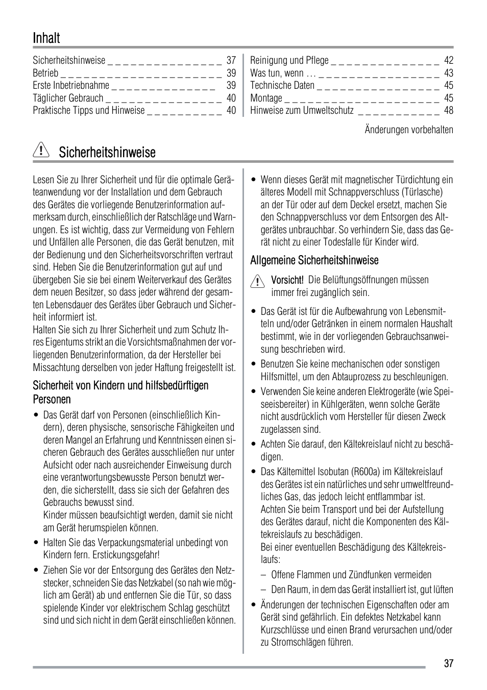 Inhalt, Sicherheitshinweise | Zanussi ZRT724X User Manual | Page 37 / 52