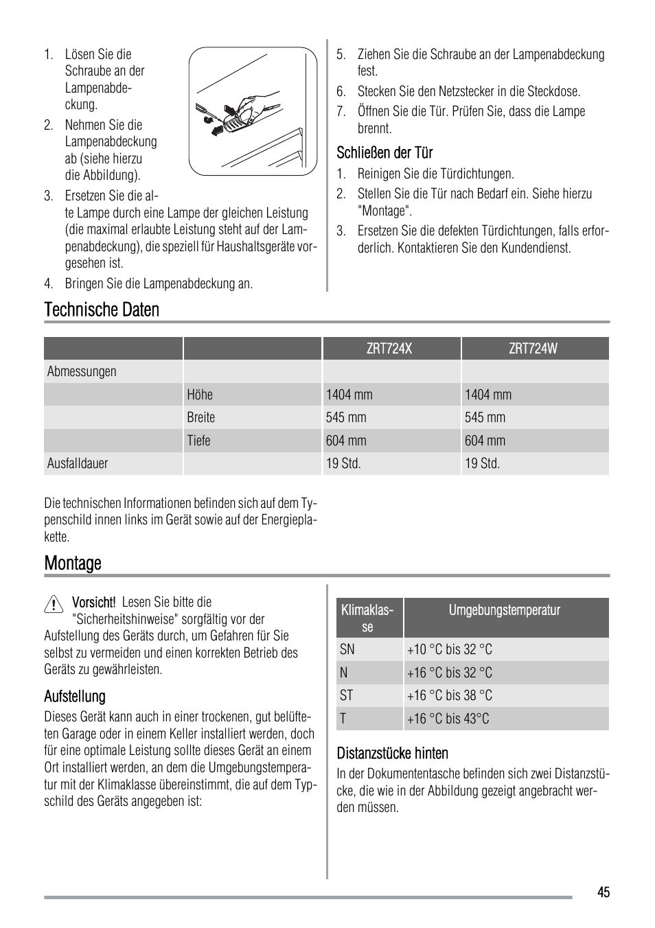 Technische daten, Montage | Zanussi ZRT724X User Manual | Page 45 / 52