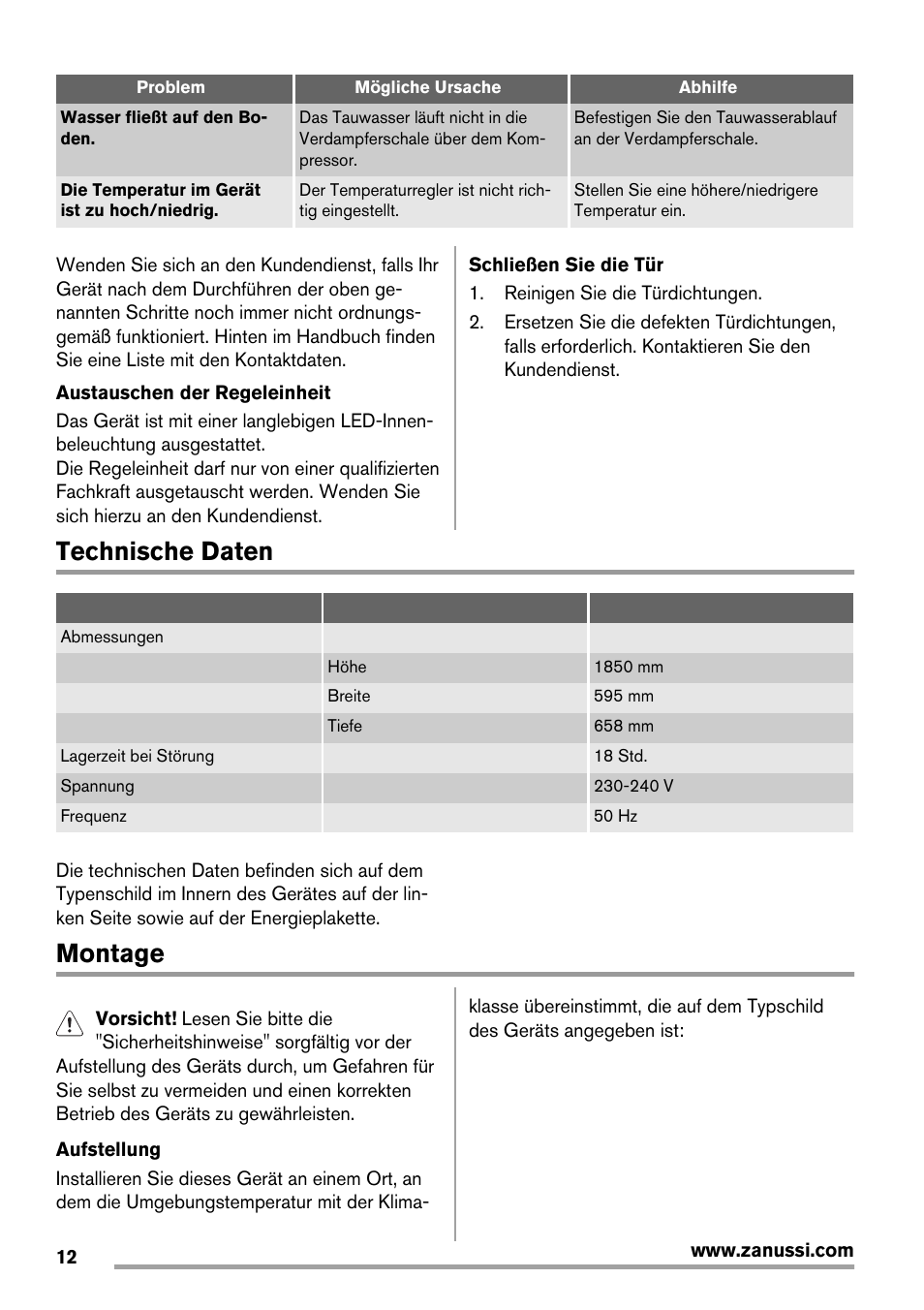 Technische daten, Montage | Zanussi ZRB934FX2 User Manual | Page 12 / 60