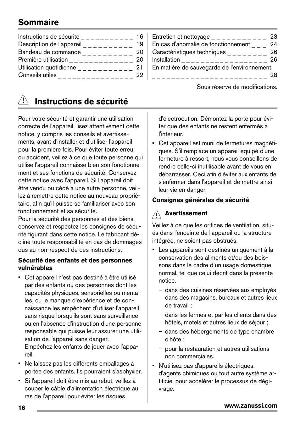 Sommaire, Instructions de sécurité | Zanussi ZRB934FX2 User Manual | Page 16 / 60