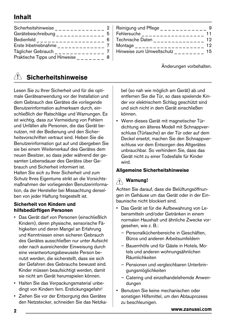 Inhalt, Sicherheitshinweise | Zanussi ZRB934FX2 User Manual | Page 2 / 60