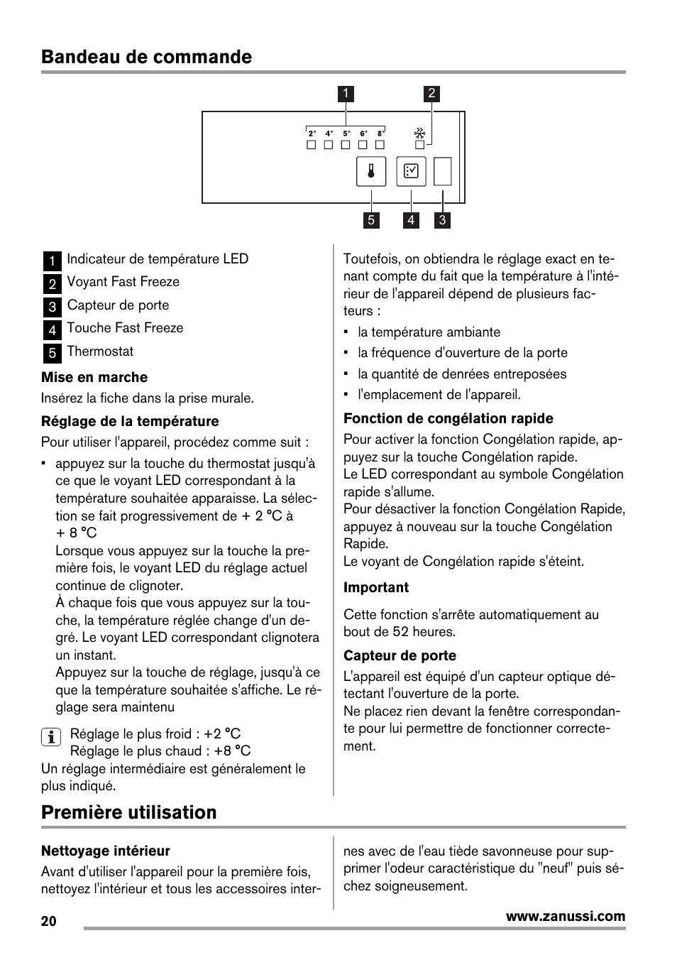 Bandeau de commande, Première utilisation | Zanussi ZRB934FX2 User Manual | Page 20 / 60