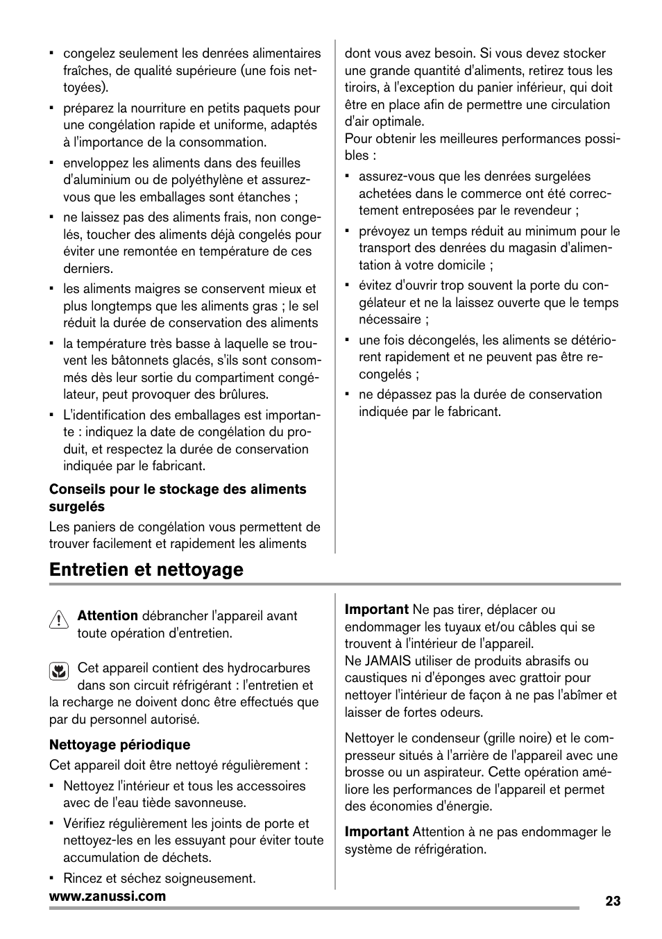 Entretien et nettoyage | Zanussi ZRB934FX2 User Manual | Page 23 / 60