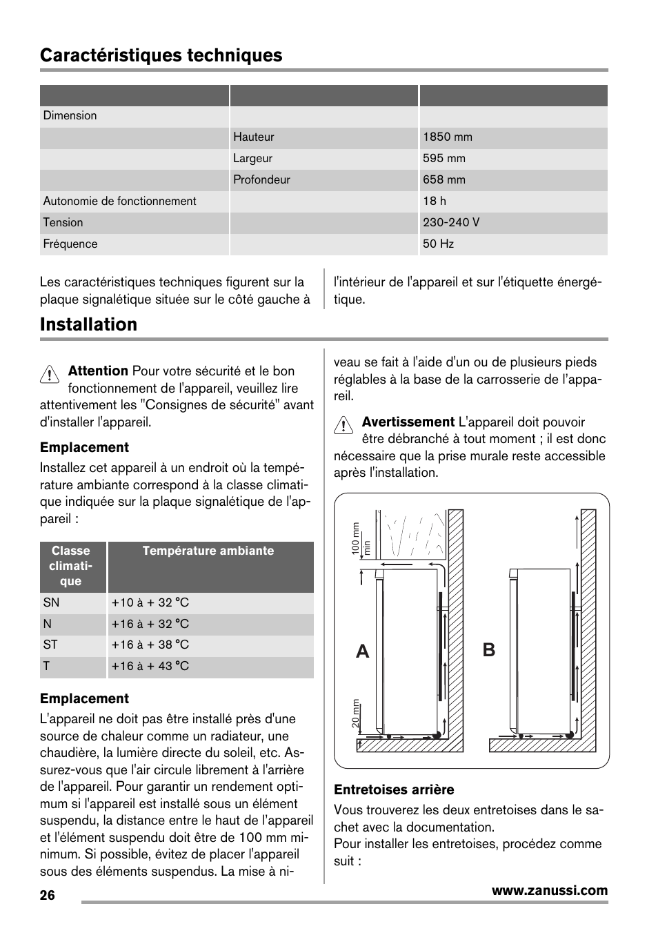 Caractéristiques techniques, Installation | Zanussi ZRB934FX2 User Manual | Page 26 / 60