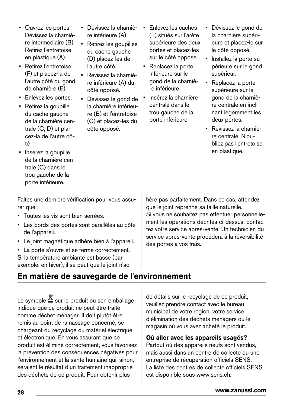 En matière de sauvegarde de l'environnement | Zanussi ZRB934FX2 User Manual | Page 28 / 60