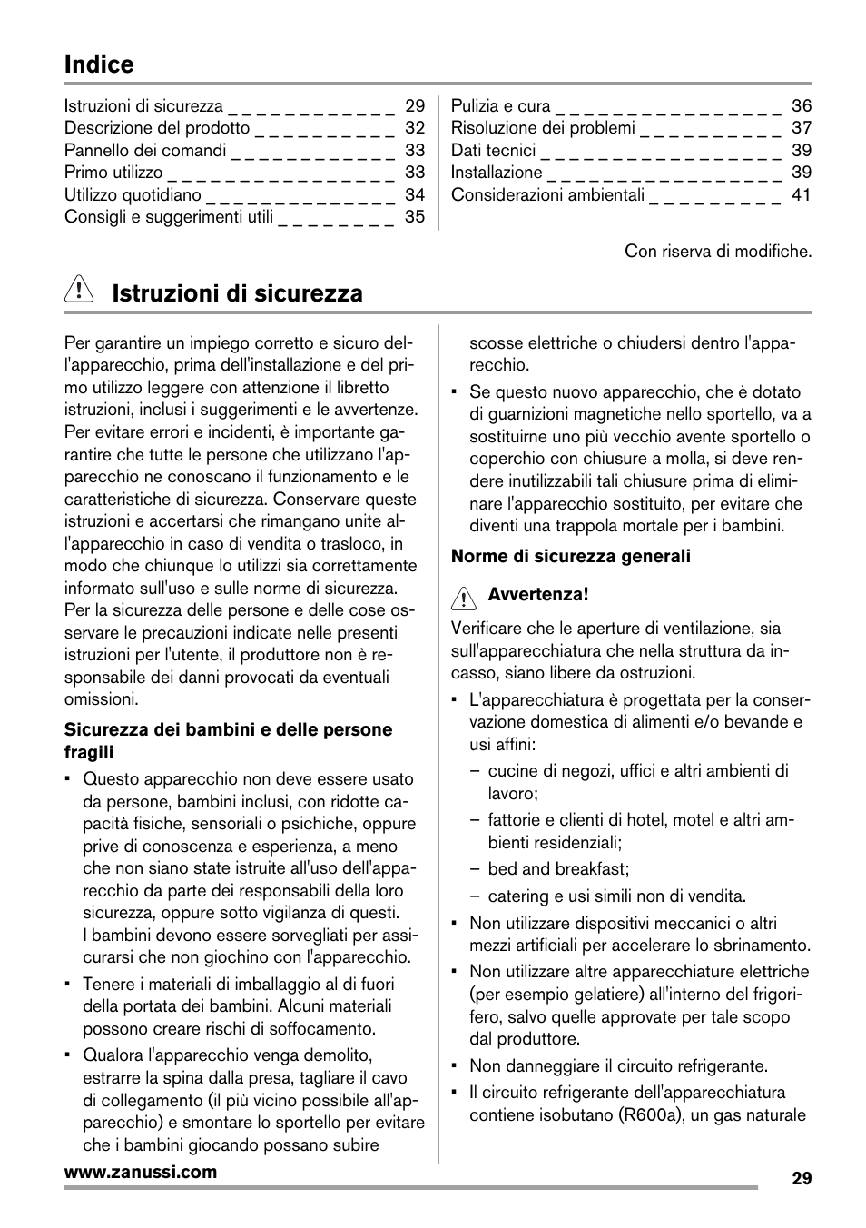 Indice, Istruzioni di sicurezza | Zanussi ZRB934FX2 User Manual | Page 29 / 60