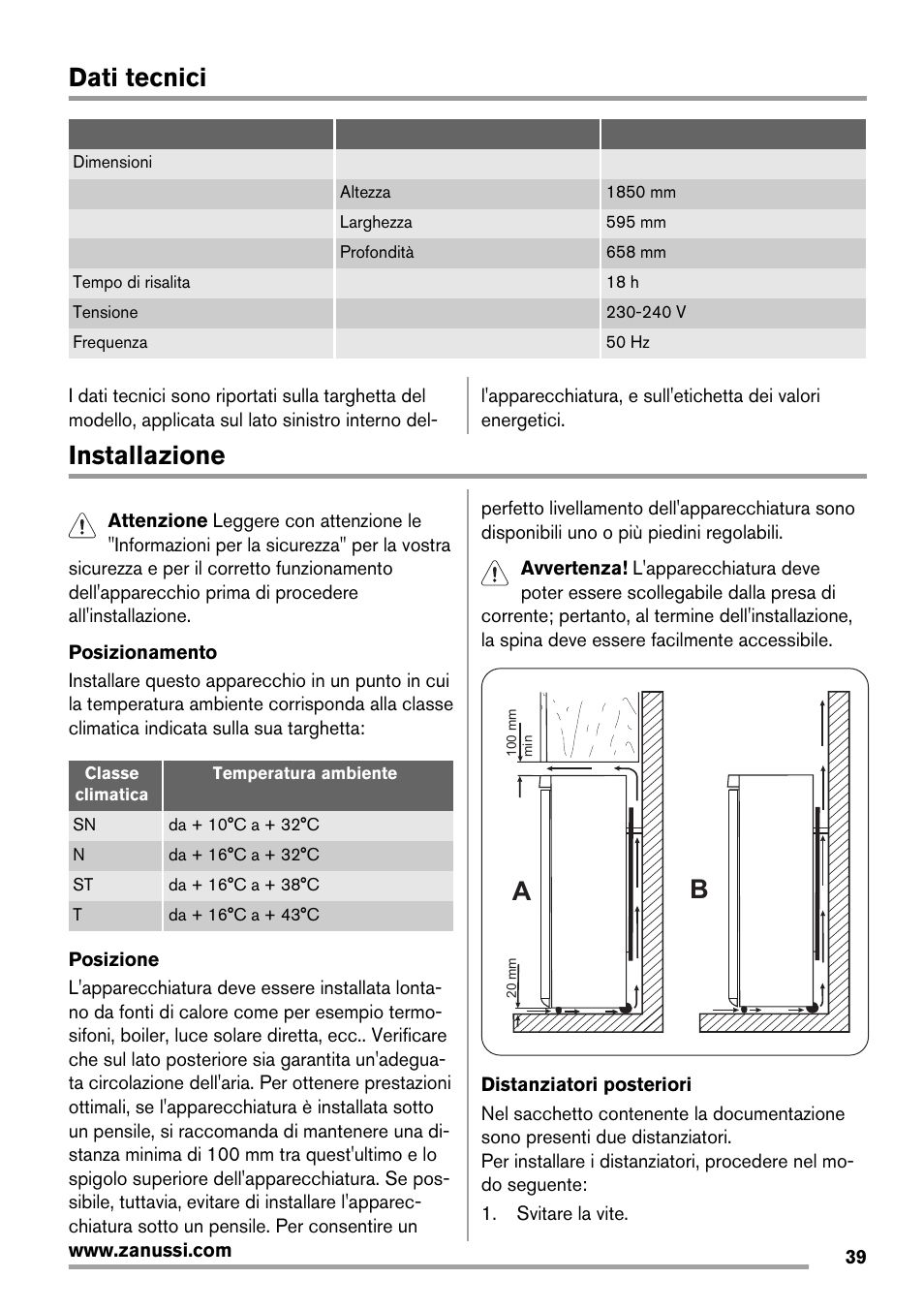 Dati tecnici, Installazione | Zanussi ZRB934FX2 User Manual | Page 39 / 60