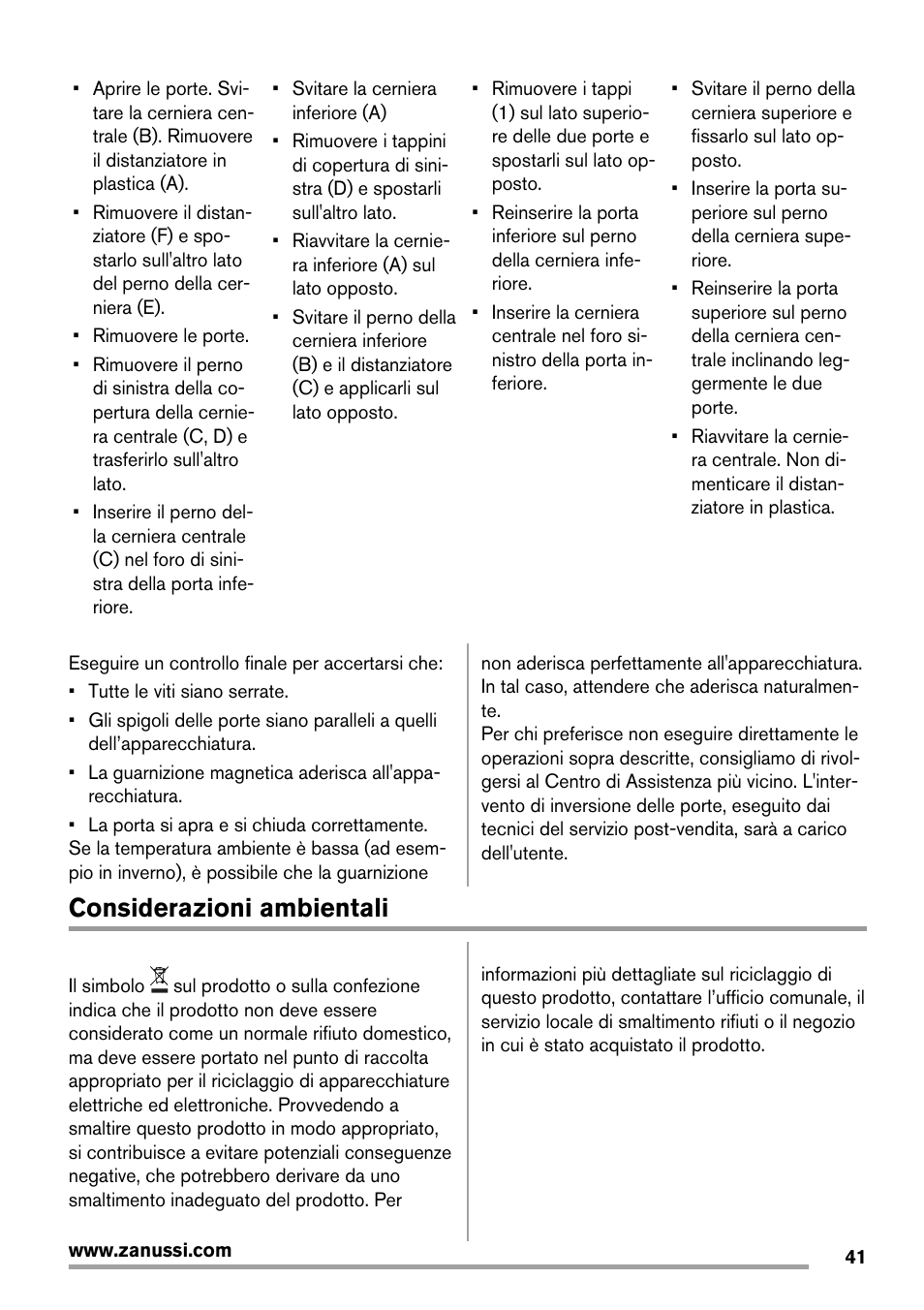 Considerazioni ambientali | Zanussi ZRB934FX2 User Manual | Page 41 / 60