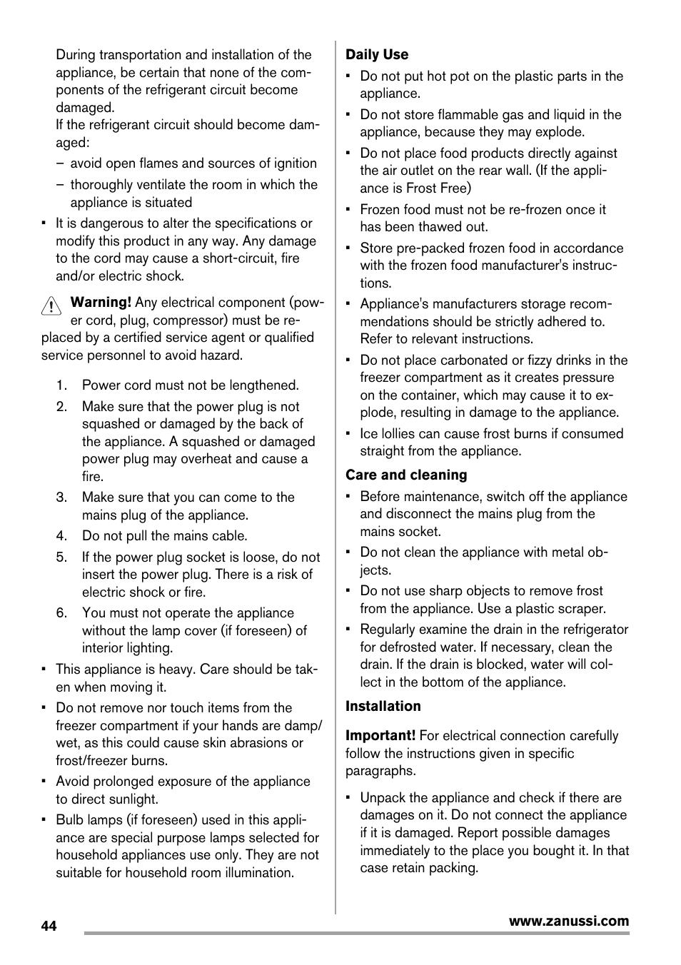 Zanussi ZRB934FX2 User Manual | Page 44 / 60