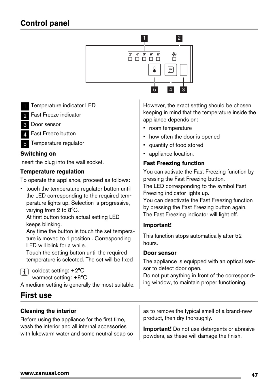 Control panel, First use | Zanussi ZRB934FX2 User Manual | Page 47 / 60