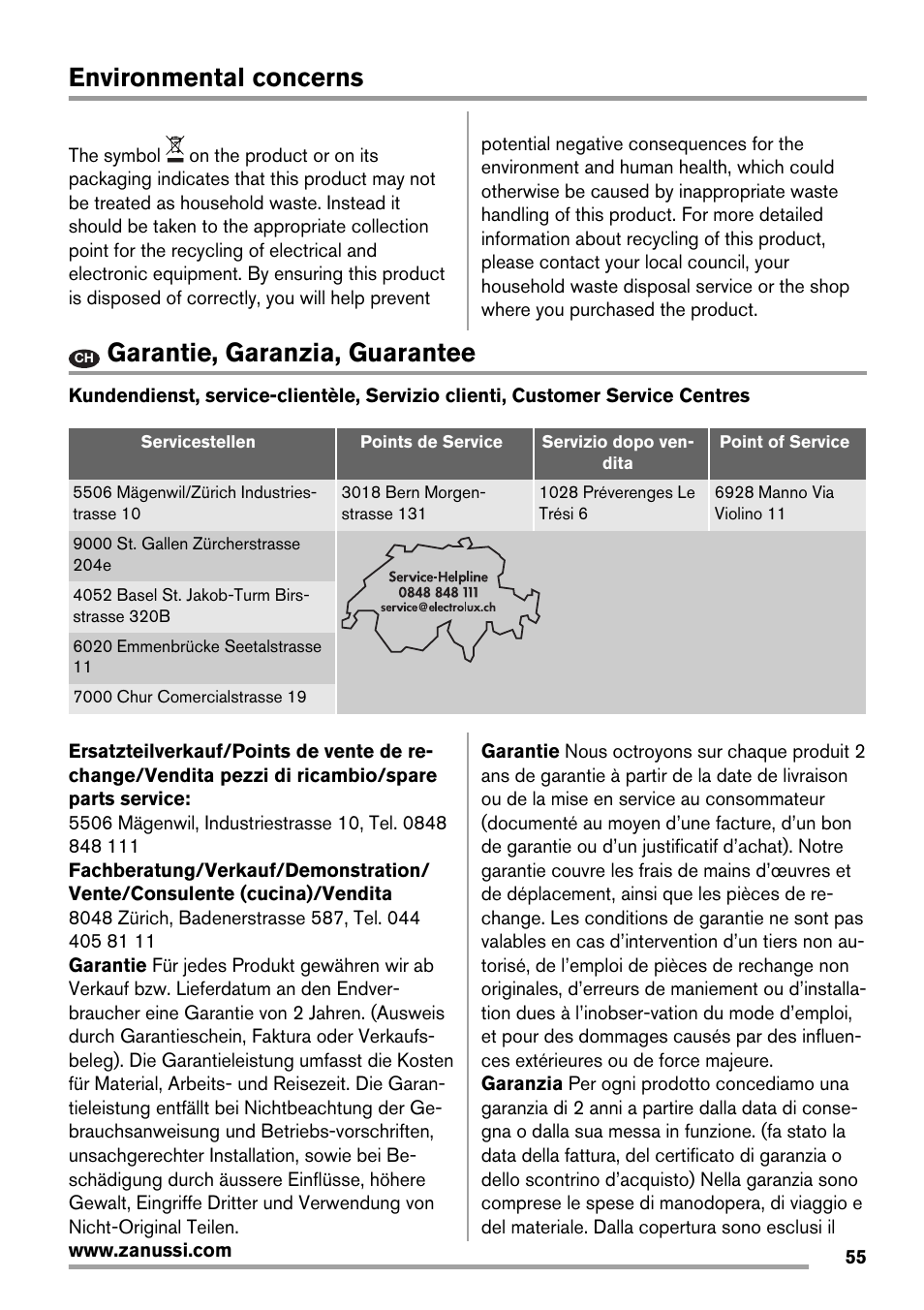 Environmental concerns, Garantie, garanzia, guarantee | Zanussi ZRB934FX2 User Manual | Page 55 / 60