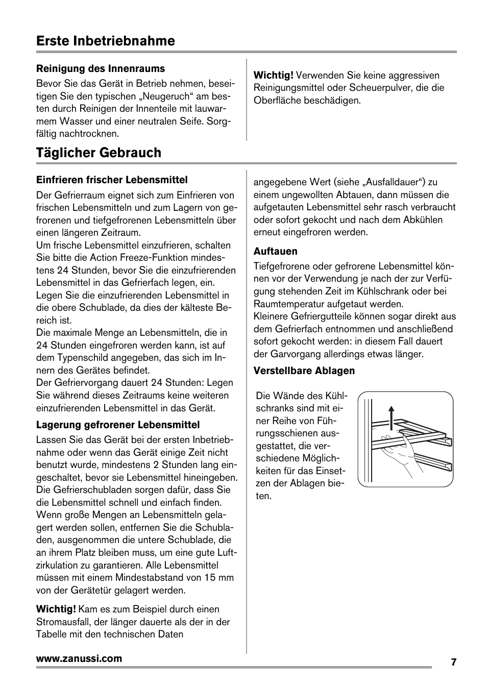 Erste inbetriebnahme, Täglicher gebrauch | Zanussi ZRB934FX2 User Manual | Page 7 / 60
