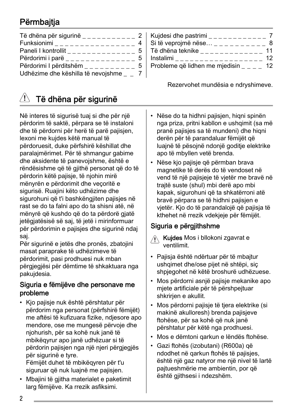 Përmbajtja, Të dhëna për sigurinë | Zanussi ZFC623WAP User Manual | Page 2 / 112