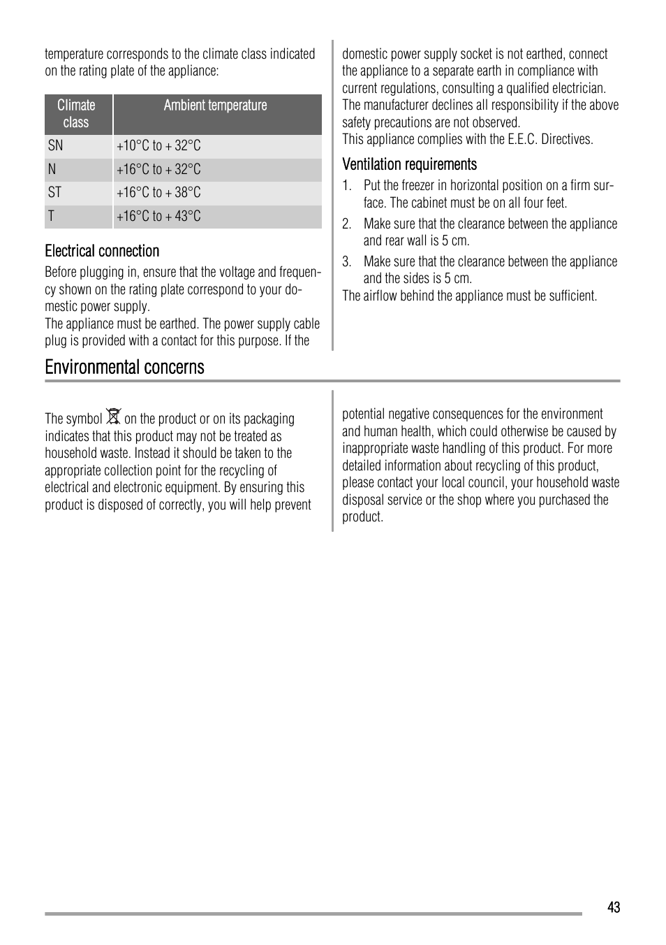 Environmental concerns | Zanussi ZFC623WAP User Manual | Page 43 / 112