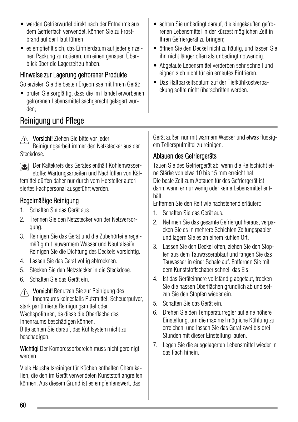 Reinigung und pflege | Zanussi ZFC623WAP User Manual | Page 60 / 112