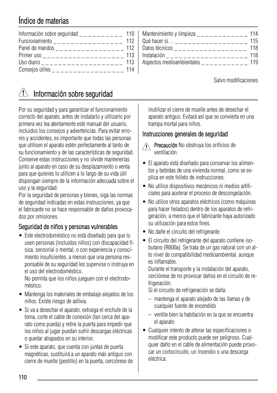 Índice de materias, Información sobre seguridad | Zanussi ZFC627WAP User Manual | Page 110 / 120