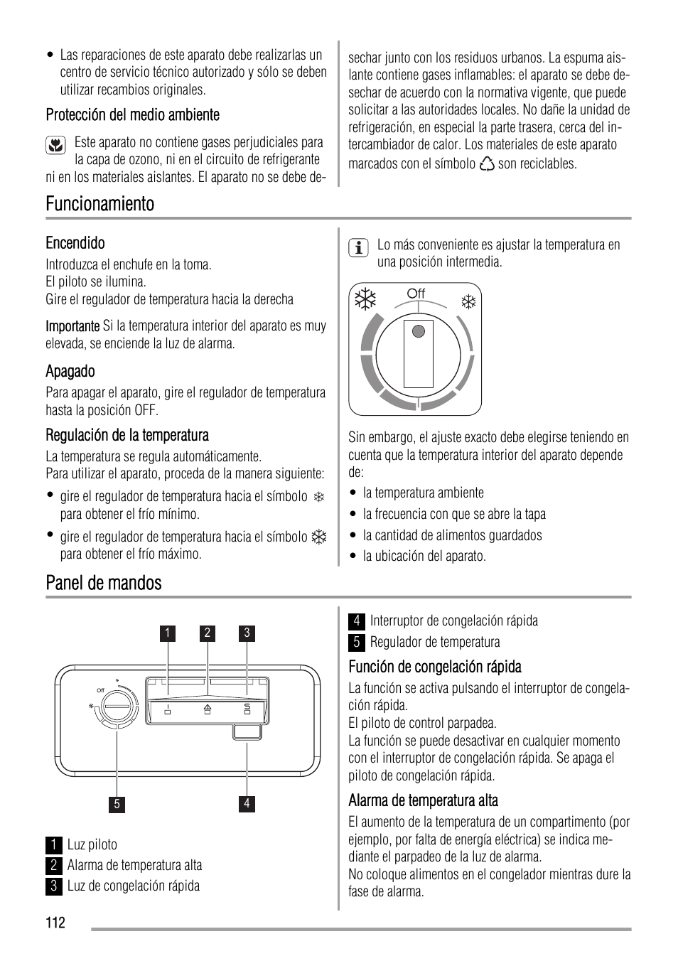 Funcionamiento, Panel de mandos | Zanussi ZFC627WAP User Manual | Page 112 / 120