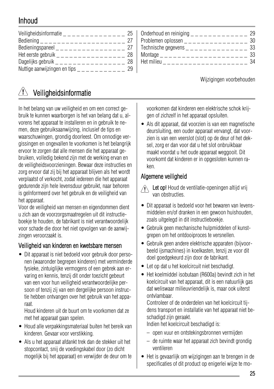 Inhoud, Veiligheidsinformatie | Zanussi ZFC627WAP User Manual | Page 25 / 120