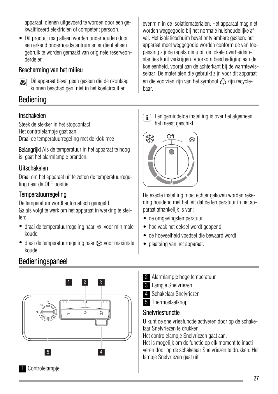 Bediening, Bedieningspaneel | Zanussi ZFC627WAP User Manual | Page 27 / 120