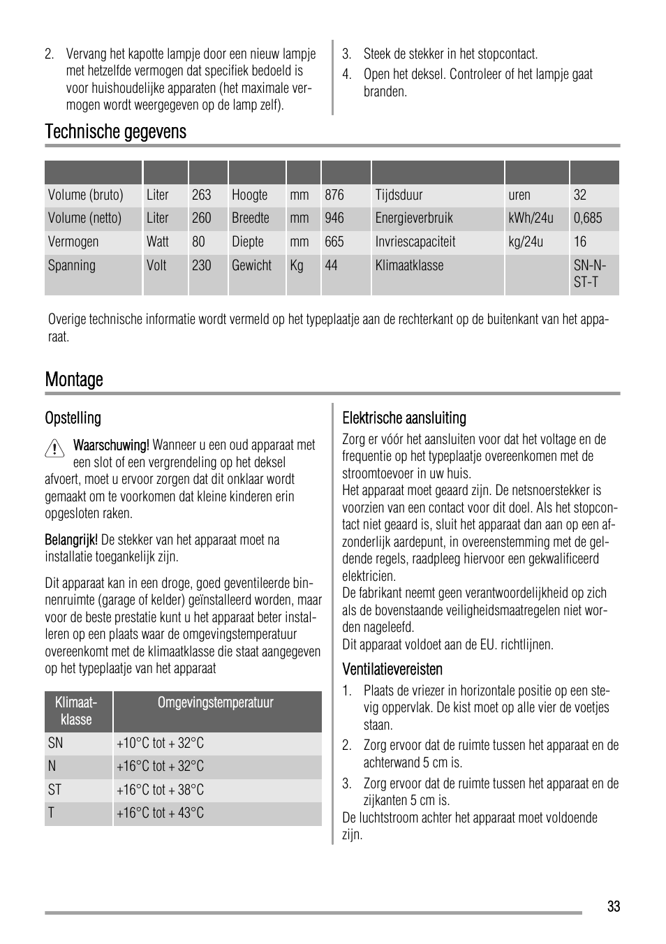 Technische gegevens, Montage | Zanussi ZFC627WAP User Manual | Page 33 / 120