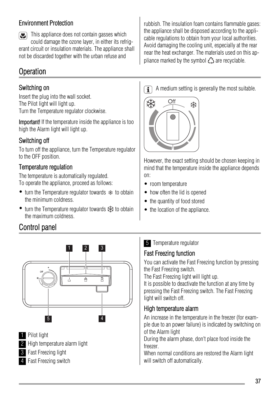 Operation, Control panel | Zanussi ZFC627WAP User Manual | Page 37 / 120