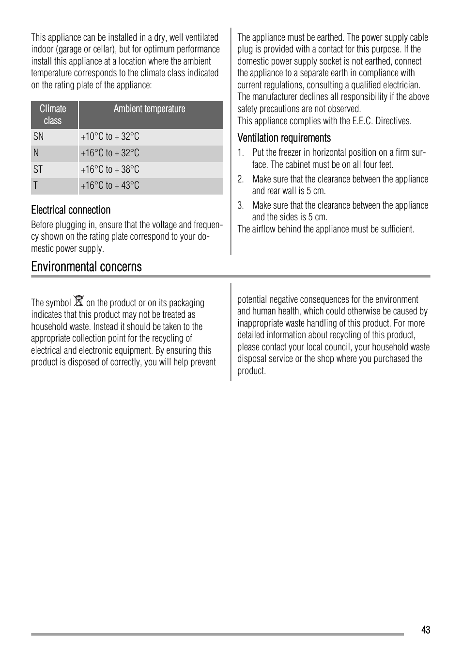 Environmental concerns | Zanussi ZFC627WAP User Manual | Page 43 / 120