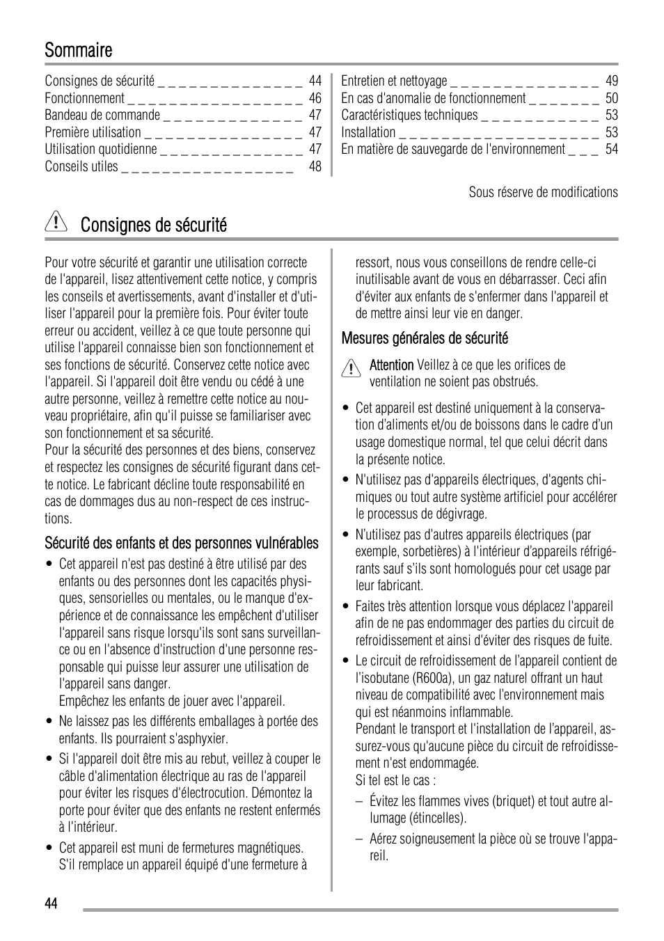 Sommaire, Consignes de sécurité | Zanussi ZFC627WAP User Manual | Page 44 / 120