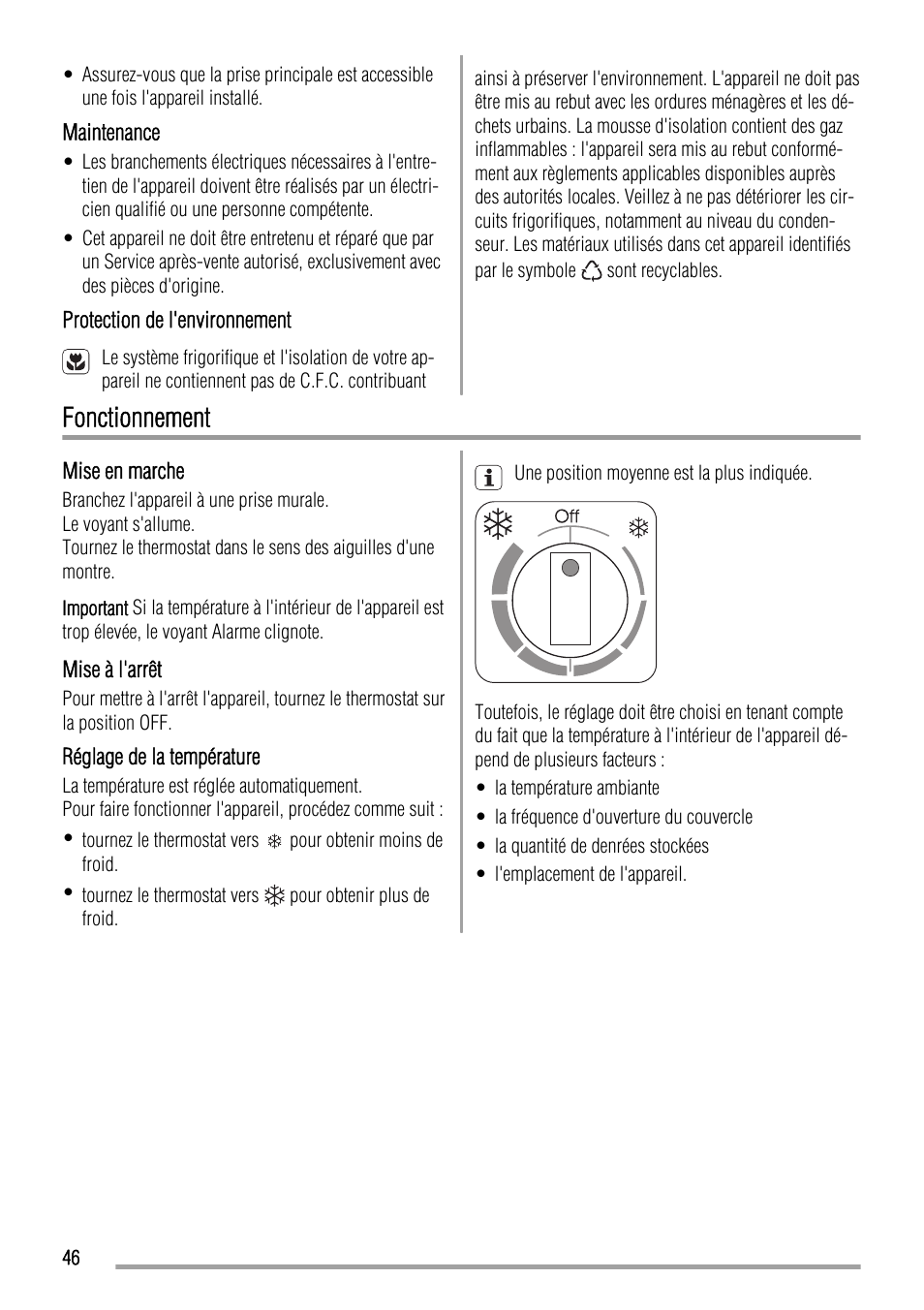 Fonctionnement | Zanussi ZFC627WAP User Manual | Page 46 / 120