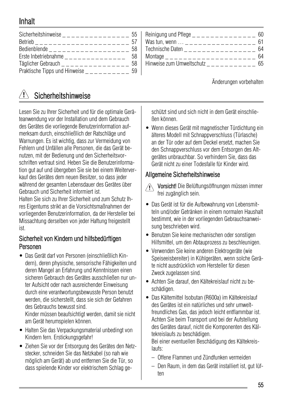 Inhalt, Sicherheitshinweise | Zanussi ZFC627WAP User Manual | Page 55 / 120