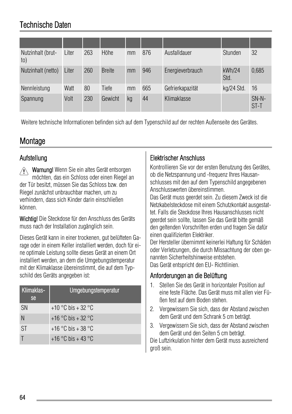 Technische daten, Montage | Zanussi ZFC627WAP User Manual | Page 64 / 120