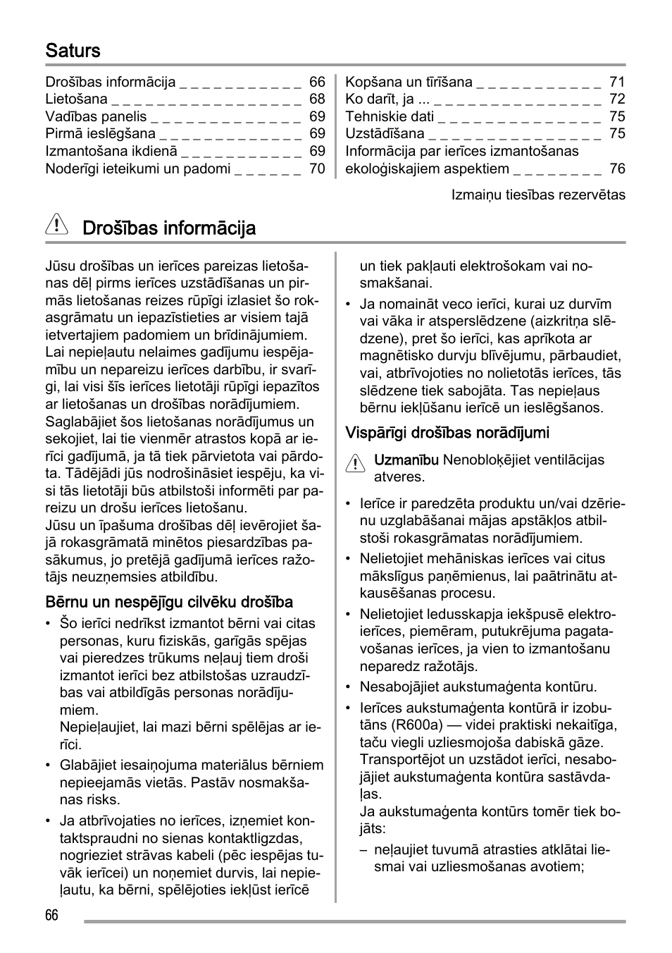 Saturs, Drošības informācija | Zanussi ZFC627WAP User Manual | Page 66 / 120