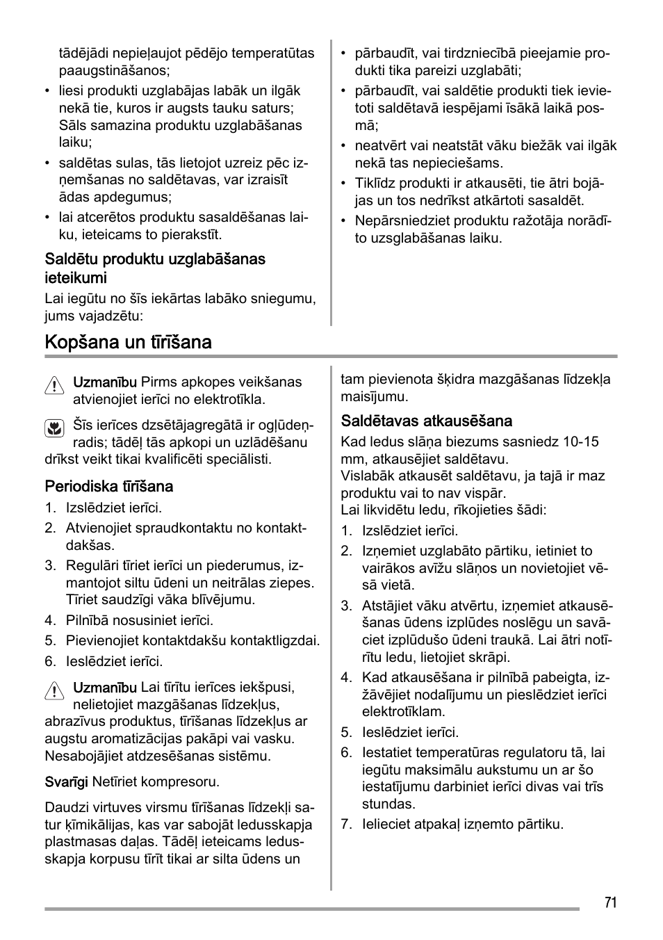 Kopšana un tīrīšana | Zanussi ZFC627WAP User Manual | Page 71 / 120