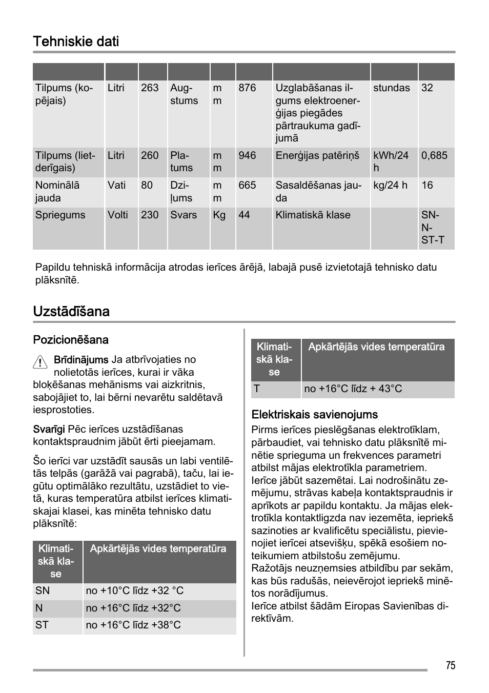 Tehniskie dati, Uzstādīšana | Zanussi ZFC627WAP User Manual | Page 75 / 120