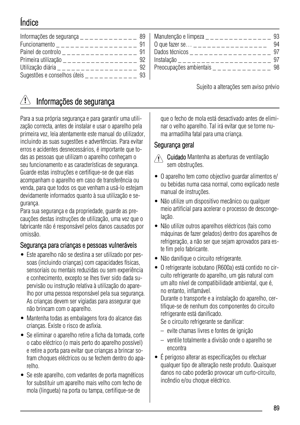 Índice, Informações de segurança | Zanussi ZFC627WAP User Manual | Page 89 / 120