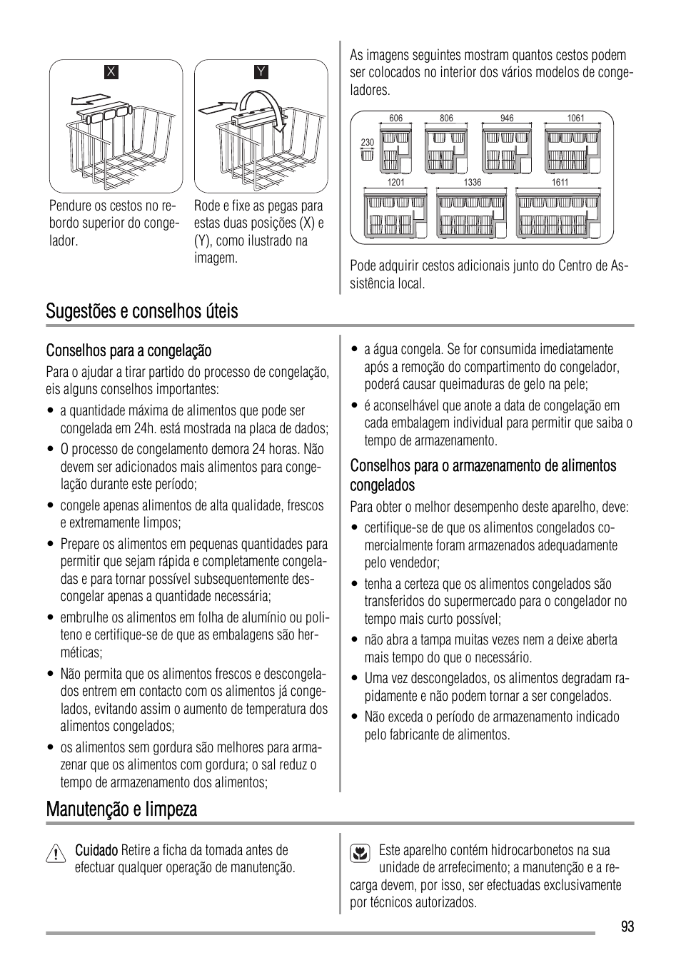 Sugestões e conselhos úteis, Manutenção e limpeza | Zanussi ZFC627WAP User Manual | Page 93 / 120