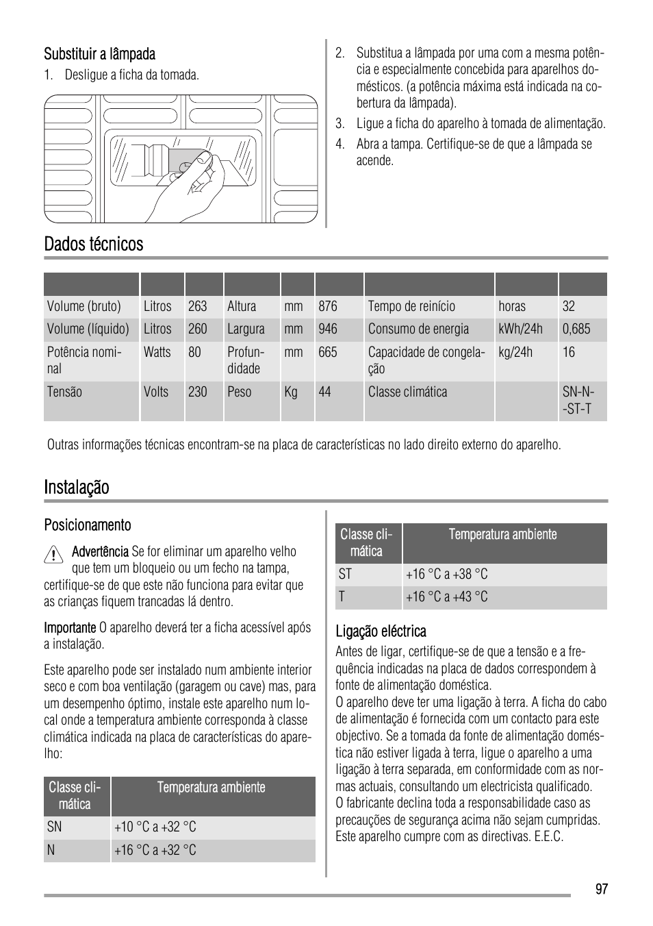 Dados técnicos, Instalação | Zanussi ZFC627WAP User Manual | Page 97 / 120