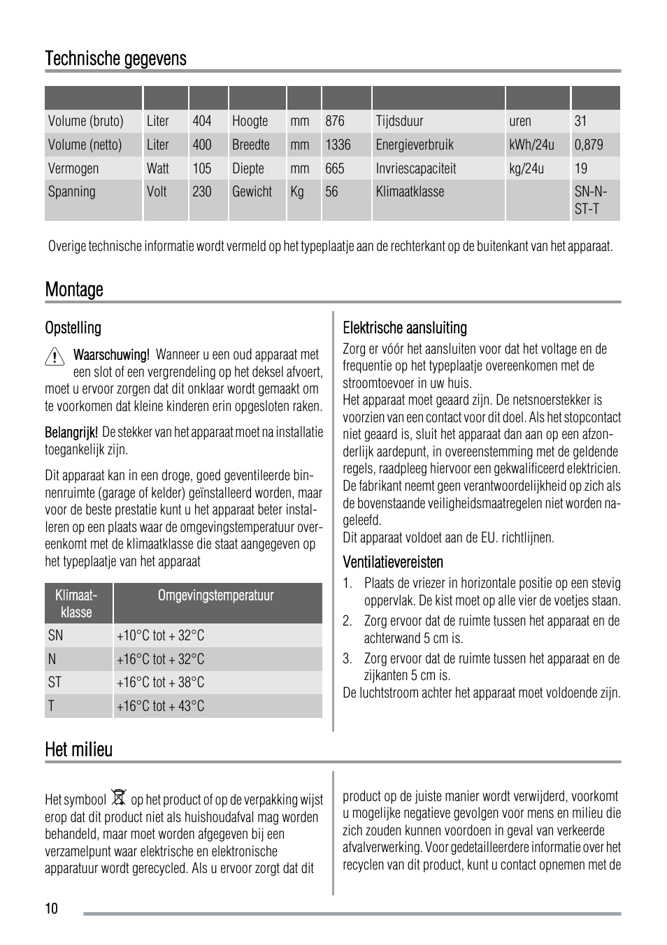 Technische gegevens, Montage, Het milieu | Zanussi ZFC639WAP User Manual | Page 10 / 100