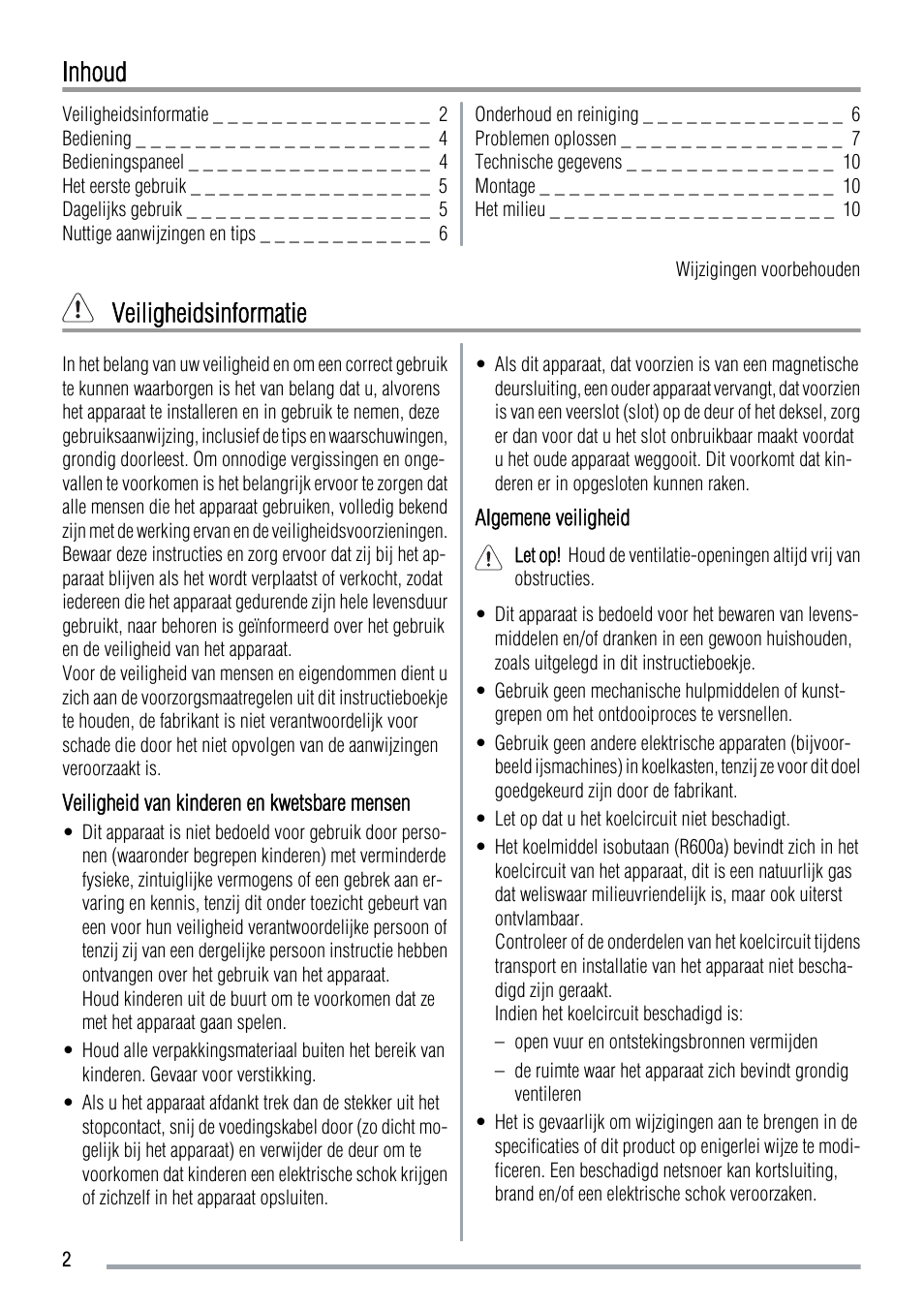 Inhoud, Veiligheidsinformatie | Zanussi ZFC639WAP User Manual | Page 2 / 100