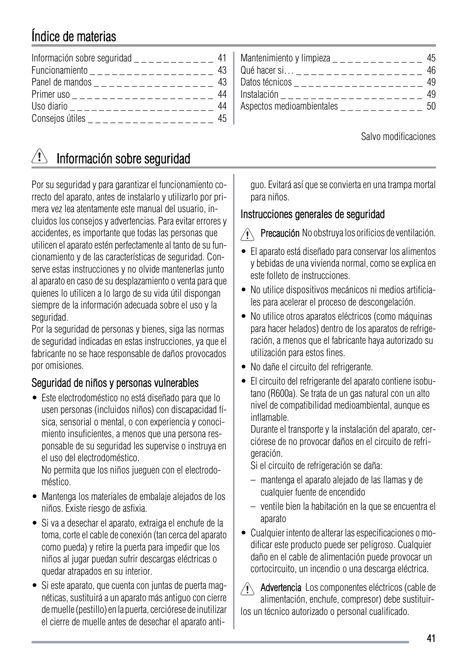 Índice de materias, Información sobre seguridad | Zanussi ZFC639WAP User Manual | Page 41 / 100