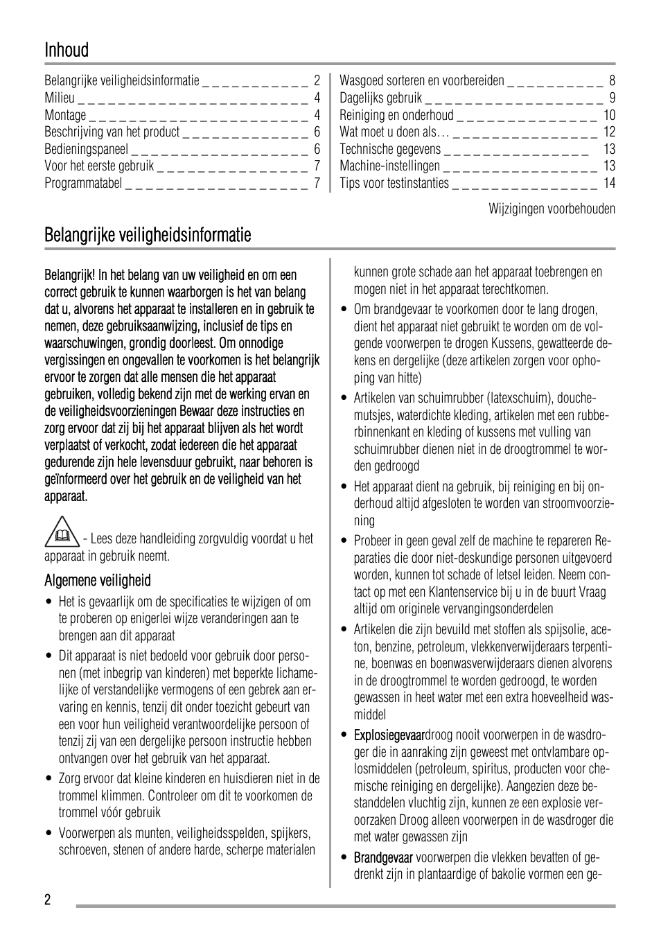 Inhoud, Belangrijke veiligheidsinformatie | Zanussi ZTH485 User Manual | Page 2 / 56