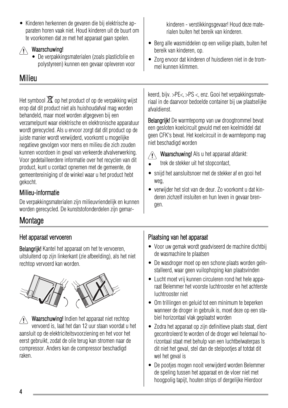 Milieu, Montage | Zanussi ZTH485 User Manual | Page 4 / 56