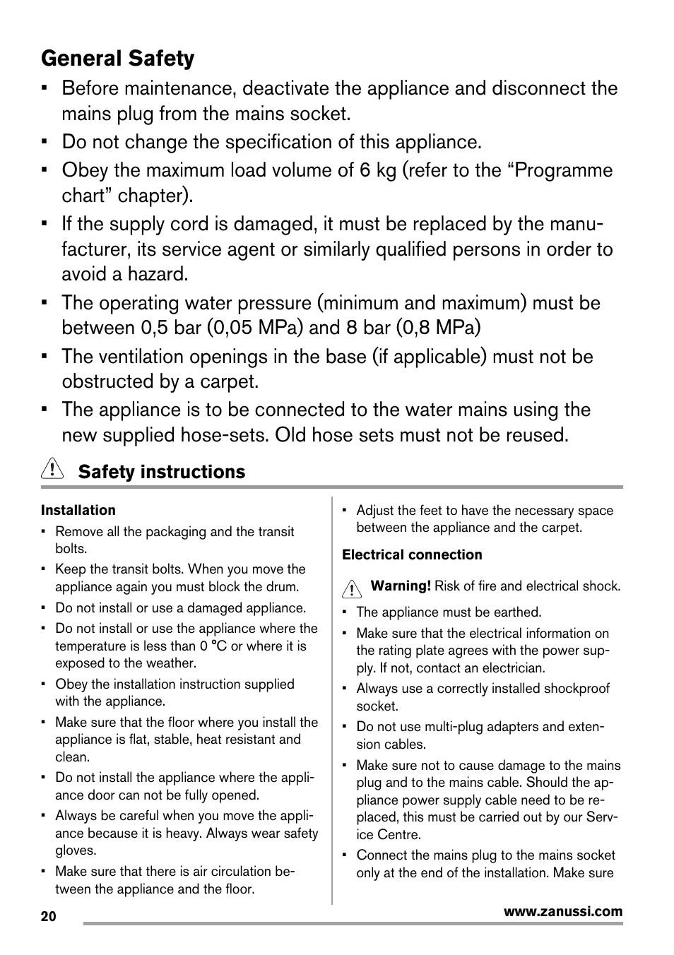 General safety, Safety instructions | Zanussi ZWG7120K User Manual | Page 20 / 72