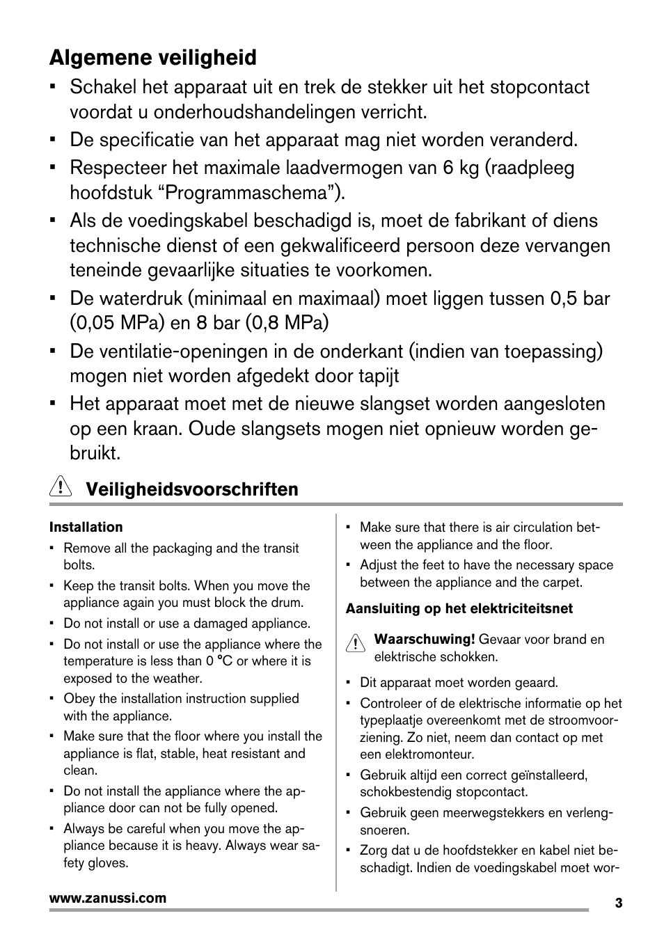 Algemene veiligheid, Veiligheidsvoorschriften | Zanussi ZWG7120K User Manual | Page 3 / 72