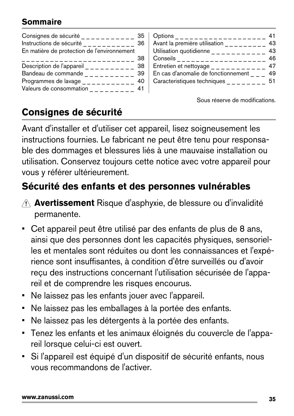 Consignes de sécurité, Sécurité des enfants et des personnes vulnérables | Zanussi ZWG7120K User Manual | Page 35 / 72