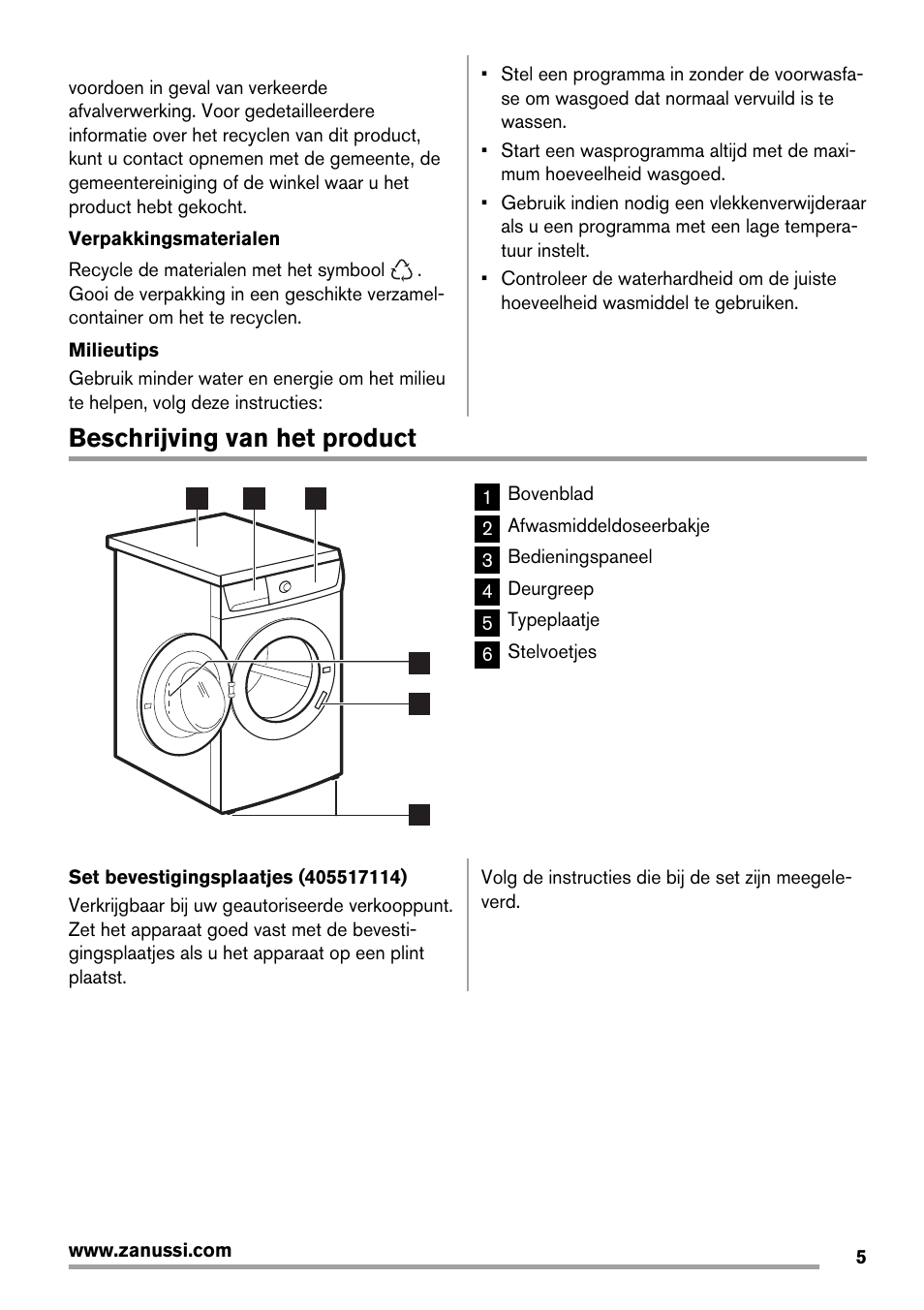 Beschrijving van het product | Zanussi ZWG7120K User Manual | Page 5 / 72