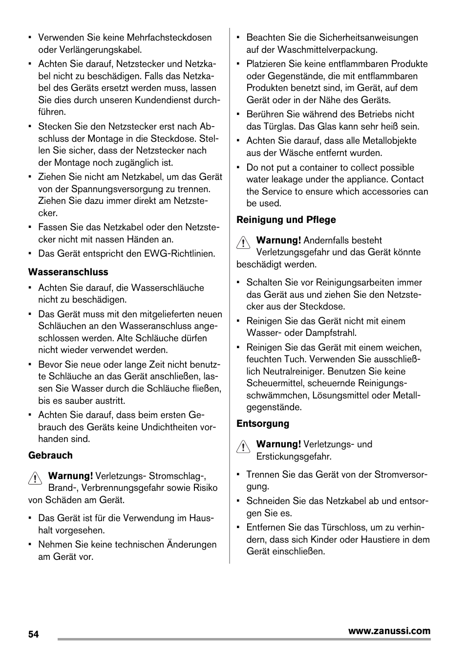 Zanussi ZWG7120K User Manual | Page 54 / 72