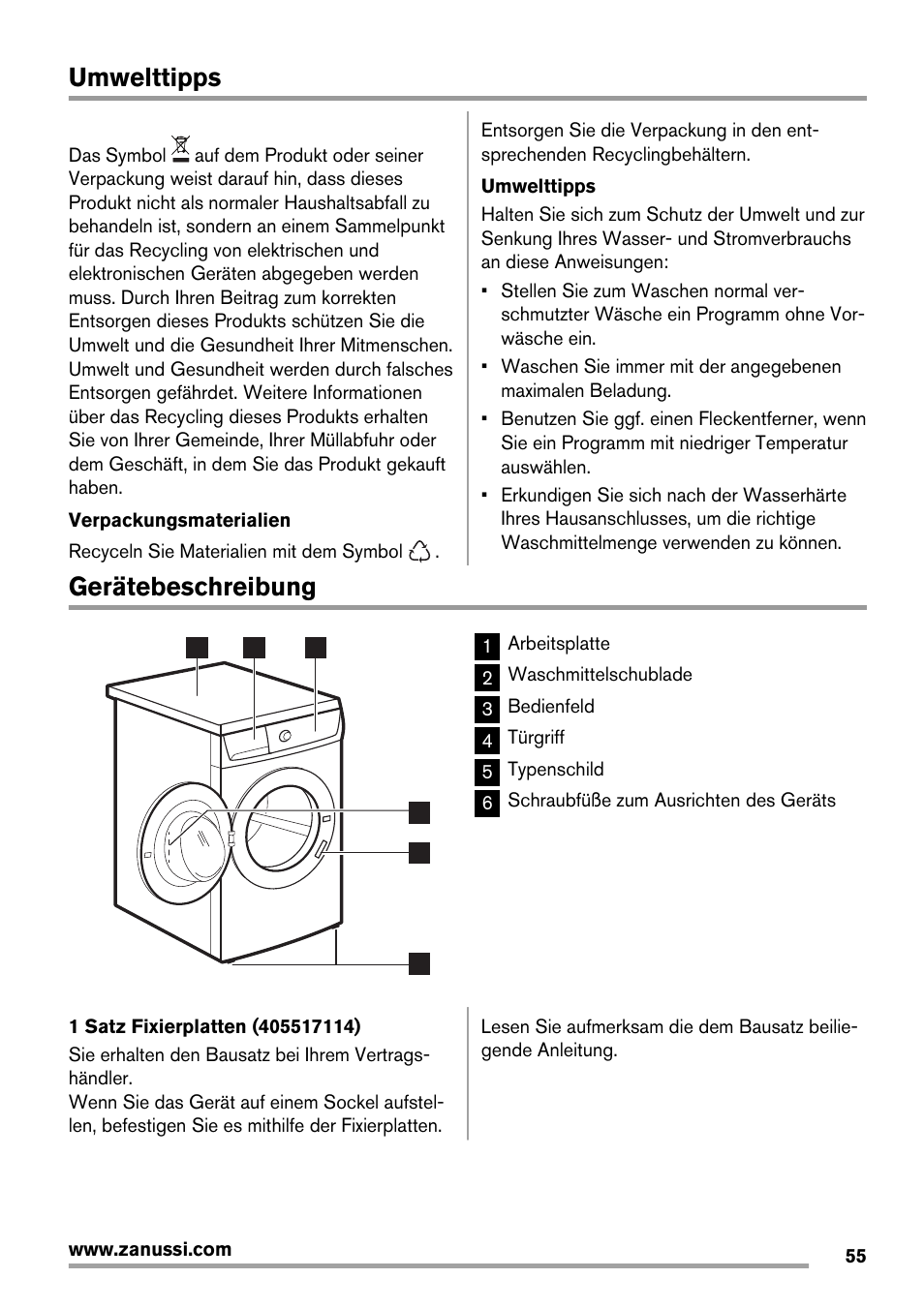 Umwelttipps, Gerätebeschreibung | Zanussi ZWG7120K User Manual | Page 55 / 72