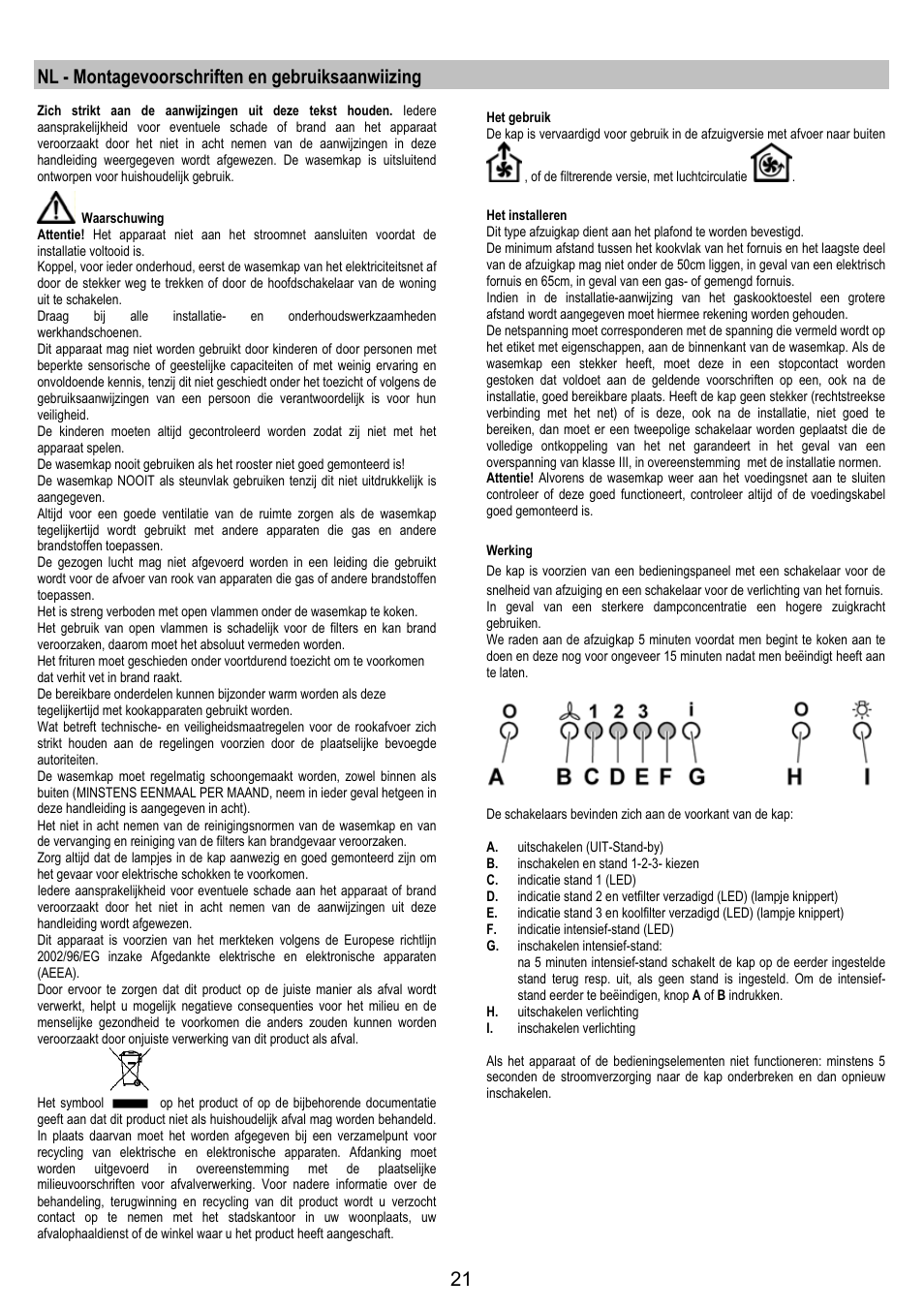 Nl - montagevoorschriften en gebruiksaanwiizing | AEG DI8610-M User Manual | Page 21 / 76