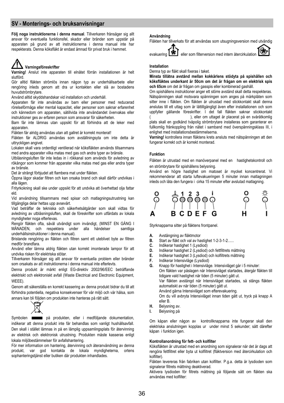 Sv - monterings- och bruksanvisningar | AEG DI8610-M User Manual | Page 36 / 76